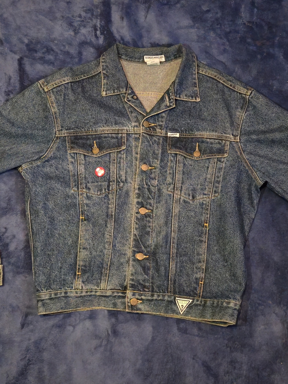 Guess Men's Indigo Denim Trucker Jacket with Tan Stitching